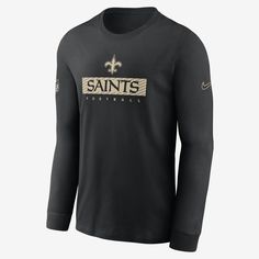 Featuring bold New Orleans Saints graphics across the chest, this Sideline Team Issue T-Shirt combines lightweight polyester with sweat-wicking technology to help keep you dry and comfortable. Nike Black Tops With Team Logo, Black Nike Top With Team Logo, Black Nike Fan Apparel Tops, Nike Black Fan Apparel Tops, Nike Black Tops Fan Apparel, Nike Black Tops For Fans, Black Long Sleeve Jersey Top, Black Long Sleeve Fan Gear T-shirt, Nike Crew Top With Letter Print