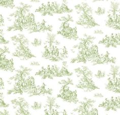 a green and white wallpaper with many different designs on it's sides, including an image of people in the woods