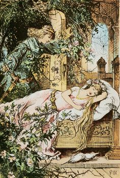 an image of a woman laying in bed with flowers around her and a man standing next to her