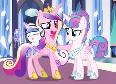 three little ponys are standing in front of a castle with princess tiara on