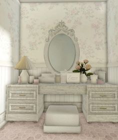 a white dresser sitting under a mirror next to a table with flowers on it and a lamp