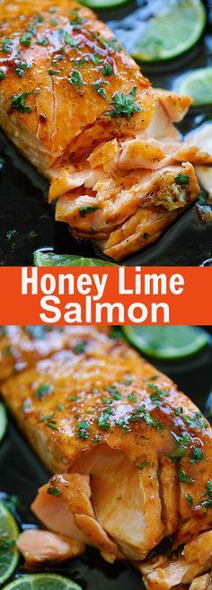 honey lime salmon on a plate with sliced cucumbers and lemon slices in the background