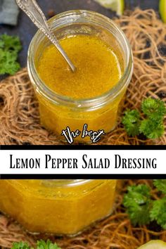 lemon pepper salad dressing in a jar with a spoon and parsley on the side