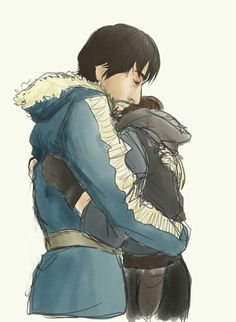 an anime character hugging another person with his arm around him and wearing a blue coat