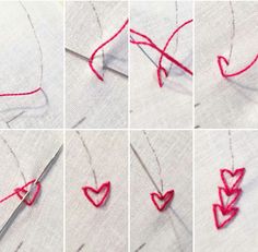 four pictures showing how to make a heart ornament with red thread and scissors