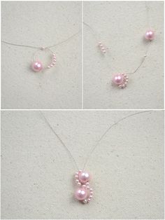 three pictures of pearls being made into necklaces