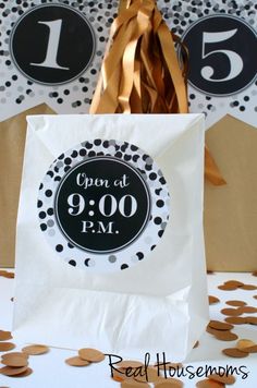 a brown paper bag with black and white numbers on it