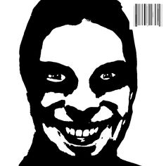 a black and white image of a person with barcodes on their face, smiling