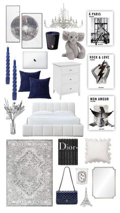 a white and blue bedroom with pictures on the wall, pillows, rugs, lamp, mirror, bed