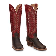 You'll Be Sure To Turn Heads In The Rosston 16-Inch Tall 3r Buckaroo Men's Cowboy Boot With A Striking Leather Upper Accented By Inventive Stitching And Subtle Piping Along The Collar. The Cowhide Vamp Features A Bull Hide Print On A Square Toe And Dress Heel That Allows For A Relaxed Fit In The Stirrup. The Orthotic Insoles Guarantee Comfort And Stability And The Double Stitch Welt Offers Durability Whether You're In The Saddle Or Out On The Town. Details Material: Cowhide Toe Shape: Medium Squ Red Leather Boots For Ranch, Classic Red Boots For Rodeo, Red Fitted Boots With Leather Lining, Fitted Red Boots With Leather Lining, Western Boots With Red Sole And Snip Toe, Western Style Boots With Snip Toe And Red Sole, Mens Tall Boots, Mens High Boots, Custom Cowboy Boots