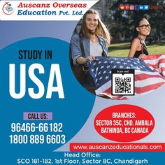 a poster advertising an educational program for students in the u s a, featuring two girls with american flags