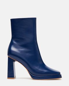 FREYA Navy Leather Square Toe Ankle Bootie | Women's Booties – Steve Madden Square Toe Platform Boots With Padded Heel For Work, Modern Heeled Boots With Sculpted Block Heel, Square Toe Platform Boots With Sculpted Heel, Platform Boots With Sculpted Heel And Square Toe, Modern Platform Boots With Stacked Heel And Square Toe, Modern Square Toe Heeled Boots With Stacked Heel, Chunky Platform Heeled Boots With Square Toe, Modern Heeled Boots With Stacked Heel And Square Toe, Chic Square Toe Platform Boots With Padded Heel