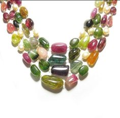 Natural Multi Tourmaline Necklace, cabachon tourmaline smooth bead necklace, colorful Genuine Tourmaline String, multicolored Multi string Total length 18.5 inches Almost 11 inches long when worn Gross weight 154.6 gms Silver 12.2 gms Natural multicolored Tourmaline 654 carats Pearls 58 carats Inc#78#10S790 Cheap Trendy Multi-strand Beaded Necklaces, Luxury Multicolor Gemstones For Jewelry Making, Luxury Multi-strand Beaded Necklaces With Gold Beads, Luxury Elegant Tourmaline Beaded Necklaces, Luxury Colorful Beaded Rondelle Jewelry, Elegant Multicolor Cabochon Necklaces, Multicolor Multi-stone Tourmaline Necklaces, Multicolor Tourmaline Multi-stone Necklace, Multicolor Multi-stone Tourmaline Necklace