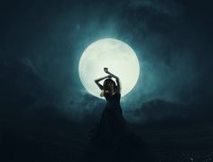 a woman standing in front of a full moon with her hands on her head and arms behind her head