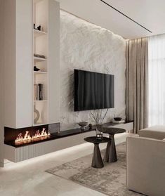 modern living room with fireplace and white furniture