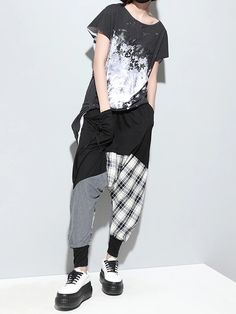 Loose Plaid Split-joint Harem Pants – uoozee Casual Patchwork Trousers, Urban Patchwork Bottoms For Fall, Casual Patchwork Bottoms With Relaxed Fit, Urban Patchwork Bottoms For Spring, Grunge Patchwork Bottoms For Spring, Spring Grunge Patchwork Bottoms, Black Patchwork Bottoms With Relaxed Fit, Black Relaxed Fit Patchwork Bottoms, Black Relaxed Fit Bottoms With Patchwork