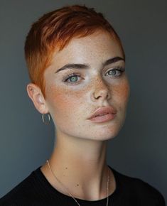 Very Short Hair Shaved Sides, Super Short Pixie Shaved Sides, Shaved Sides Pixie, Freckle Makeup, Ginger Hair Dyed, Hairstyles For Swimming, Cropped Hair, Super Short Pixie, Androgynous Hair