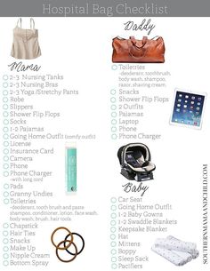 the hospital bag checklist is filled with things to pack for an upcoming trip or stay at home