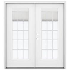 a white double door with glass panels and blinds on the top part of the doors