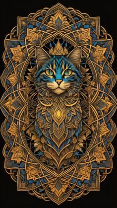 a blue and yellow cat with an intricate design on it's face, in the middle