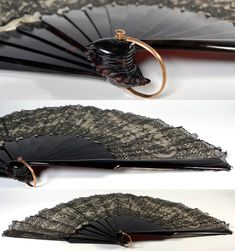 three different views of an antique fan with lace on the top and bottom, one is black