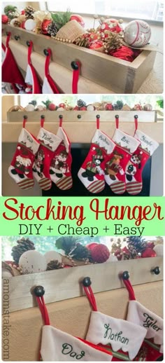 stockings hanging from hooks on the wall with christmas decorations in them and text reading stocking hanger diy cheap easy