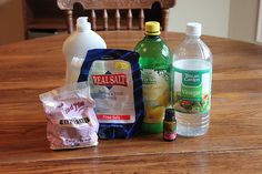 the table is covered with all kinds of cleaning products