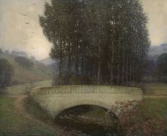 a painting of a bridge over a stream in a park with trees and birds flying overhead