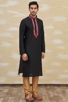 Buy Men's Art Dupion Silk Embroidered Kurta Set in Black Online - Side Traditional Sets With Embroidered Neckline For Festivities, Traditional Festive Sets With Embroidered Neckline, Traditional Sets With Embroidered Neckline For Diwali, Traditional Set With Embroidered Neckline For Diwali, Traditional Kurta With Embroidered Neckline For Diwali, Diwali Traditional Straight Kurta With Embroidery, Traditional Festive Kurta With Embroidery, Festive Kurta With Embroidered Neckline, Festive Embroidered Sets For Festivals