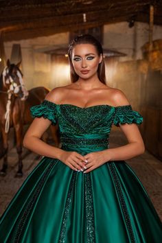 Emerald Enchantment Off-the-Shoulder Evening Gown with Beaded Accents – Larosabride’s Exclusive Emerald Green Fabric, Deep Emerald Green, Intricate Beading, Beaded Trim, Satin Skirt, Ruffled Sleeves, Green Fabric, Fitted Bodice, The Eye