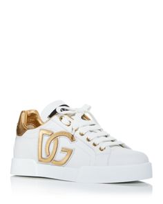 Dolce & Gabbana Women's Classic Low Top Sneakers Luxury White Sneakers With Logo Plaque, Luxury Gold Lace-up Sneakers, Designer Gold Lace-up Sneakers, Gold Luxury Sneakers With Metallic Logo, Luxury Gold Sneakers With Metallic Logo, Designer Sneakers Women, Cute Nike Shoes, Casual Sneakers Women, Cute Nikes