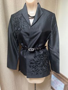 "Beautiful sleek black silk longer evening jacket/topper with original store tags still attached.  This Victor Costa formal topper is from a popular Victor Costa line at QVC.  If this were a larger size I'd keep it for myself. Size tag is XS but from the way it fits my size S dress form, I think it will be fine for up to about a size 8 lady. The outer material is silk and the full lining is acetate.  Both perfect. A bit of embroidery and bead work on right shoulder and a bit more on left bottom Black Silk Outerwear For Fall, Silk Long Sleeve Blazer For Night Out, Black Silk Outerwear For Spring, Silk Evening Blazer For Fall, Black Silk Blazer For Party, Silk Outerwear For Night Out In Fall, Fall Silk Outerwear For Night Out, Silk Long Sleeve Evening Blazer, Silk Evening Blazer With Long Sleeves