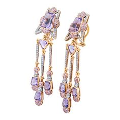 Sapphire And Diamond Earrings, Earrings Rose Gold, Rose Earrings, Rose Gold Earrings, Sapphire Diamond, Chandelier Earrings, Diamond Earrings, Sapphire, Amethyst