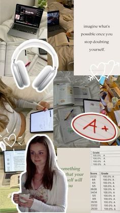 a collage of photos with text and images in the middle, including an image of a woman on her laptop