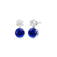 A wardrobe staple, these diamond earrings and their classic beauty will serve you well for years to come. Each earring features a pair of big sapphire and small round diamond, each set on a six-pong basket. With these earrings' refined sophistication, you can easily pair them with all kinds of outfits for all kinds of occasions. Elegant Blue Round Cut Earrings, Sapphire Diamond-cut Earrings, Sapphire Diamond Accented Drop Earrings, Elegant Earrings With Diamond Accents And Lab-created Sapphire, Elegant Round Cut Sapphire Earrings, Round Sapphire Earrings For Formal Occasions, Formal Round Sapphire Earrings, White Gold Earrings With Lab-created Sapphire For Formal Occasions, Luxury Lab-created Sapphire Earrings For Formal Occasions