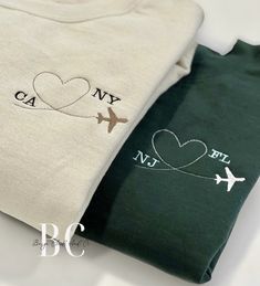 Discover our customizable sweatshirt featuring an embroidered airplane with a heart, perfect for commemorating special journeys. Personalize with two destinations, making it an ideal gift for going away to college, celebrating long-distance friendships or remembering travel adventures. This unique, embroidered, minimalist design will keep your cherished memories close to your heart.   ❥ Sweatshirt Details: * Crewnecks and hoodies are ADULT, UNISEX Gildan sweatshirts * 50% cotton/50% polyester * Airplane Embroidery Design, Long Distance Friendship Gift Ideas, Embroidered Airplane, Friends Distance, Heart Minimalist, Travel Sweatshirt, Shirts Embroidery, Aesthetic Airport, Hoodie Embroidery