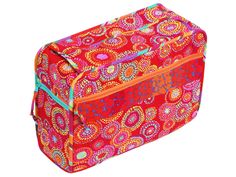 an orange and pink bag with colorful designs on the front, sitting against a white background