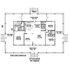 the first level floor plan for a house with two bedroom and an attached garage area