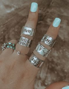 handmade variety set of 6 rings all adjustable & non-tarnish Punchy Nails, Farm Jewelry, Western Fashion Jewelry, Southern Jewelry, Western Jewellery, Western Rings, Vintage Turquoise Ring, Cowgirl Accessories, Country Jewelry