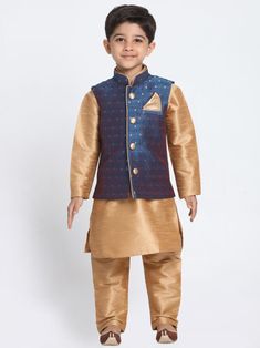 JBN CREATION Boys Maroon Silk Blend Nehru Jacket With Navy Blue Kurta And Pyjama Set This JBN CREATION Boy's Deep Blue Cotton Silk Blend Ethnic Jacket, Rose Gold Kurta and Maroon Dhoti Pant Set is a perfect blend of style and comfort for young boys who appreciate traditional attire. Key Features Includes a deep blue cotton silk blend ethnic jacket Rose gold kurta with intricate design Maroon dhoti pant for a complete ethnic look Specifications Material: Cotton Silk Blend Color: Deep Blue, Rose G Festive Fitted Sets With Stand Collar, Festive Long Sleeve Winter Sets, Fitted Sets With Stand Collar For Eid, Blue Traditional Wear For Winter Festivals, Blue Traditional Wear For Festive Winter Occasions, Festive Stand Collar Sets For Eid, Festive Sets With Stand Collar For Eid, Winter Festive Blue Traditional Wear, Festive Stand Collar Sets For Diwali