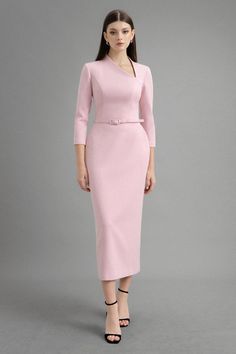 Marina Pencil Asymmetric Neck Polycotton Midi Dress - MEAN BLVD Simple Corporate Dress, Hot Pink Fashion, Classy Business Outfits, Lawyer Fashion, Queen Dresses, Corporate Dress, Business Attire Women, Elegant Cocktail Dress, Gowns Dresses Elegant