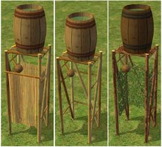 three different views of a wooden barrel on a stand in the middle of some grass