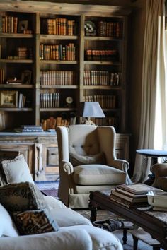 a living room filled with lots of furniture and bookshelves covered in bookcases