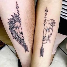 two people with tattoos on their legs, one has a lion and the other has a bear