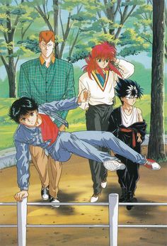 an anime scene with three people and one is falling over the fence while another man watches