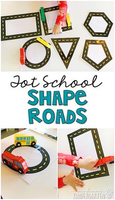 this is a collage of photos with the words shape roads and cars on it