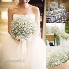 a collage of photos showing the bride and groom's bouquets in white