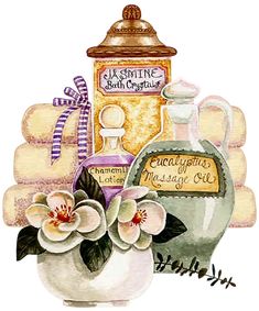 a watercolor painting of perfumes and flowers in a vase with the words, charming massage oil