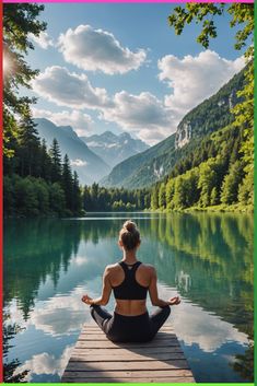 a woman sitting on a dock in front of a lake with mountains and trees around her