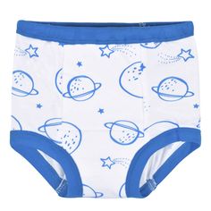 Let us help you take the stress out of potty training. Each pair of our space print training pants are super soft, easy-to-clean and designed for little hands to pull up and down all on their own. We use STANDARD 100 by OEKO-TEX certification on products tested in an independent laboratory against a list of more than 400 harmful substances, including PFAS. Playful White Unisex Bottoms, Playful Unisex White Bottoms, Playful Diaper Cover With Elastic Waistband For Playtime, Playful Diaper Cover With Elastic Waistband, Playful Long Pants For Playtime, Playful White Pants For Playtime, Blue Bottoms For Playtime, Machine Washable, Machine Washable Cotton Bottoms For Playtime, Blue Bottoms For Playwear, Machine Washable